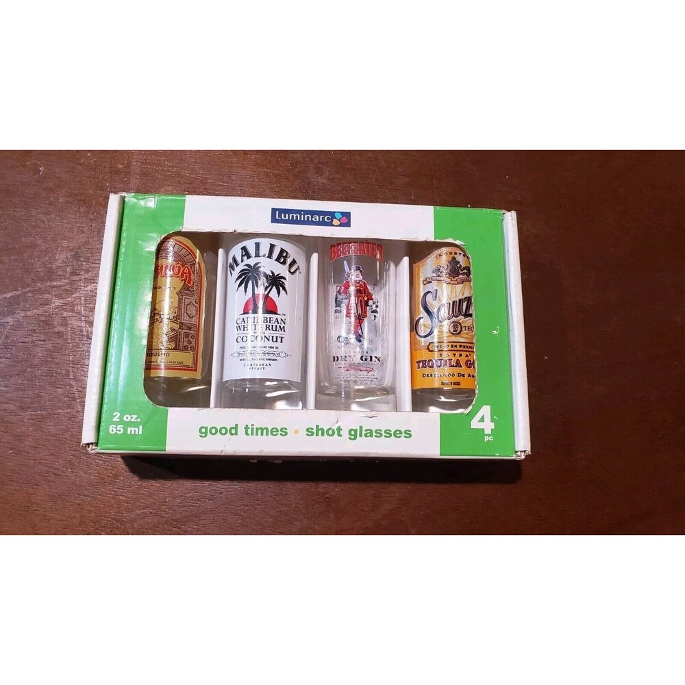 Luminarc set of 4 shot glasses (2 oz.) Malibu Beefeater Kahlua NEW